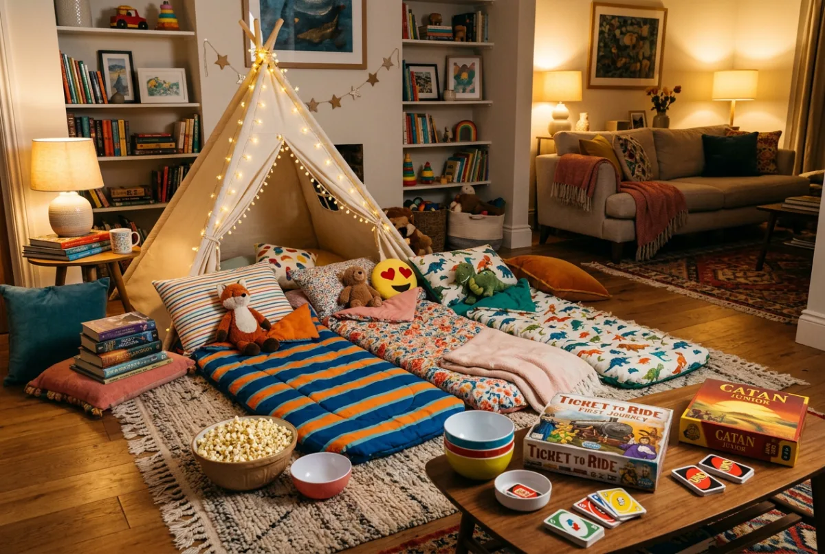 Two children in sleeping bags on a living room floor at a sleepover, with snacks and a torch nearby