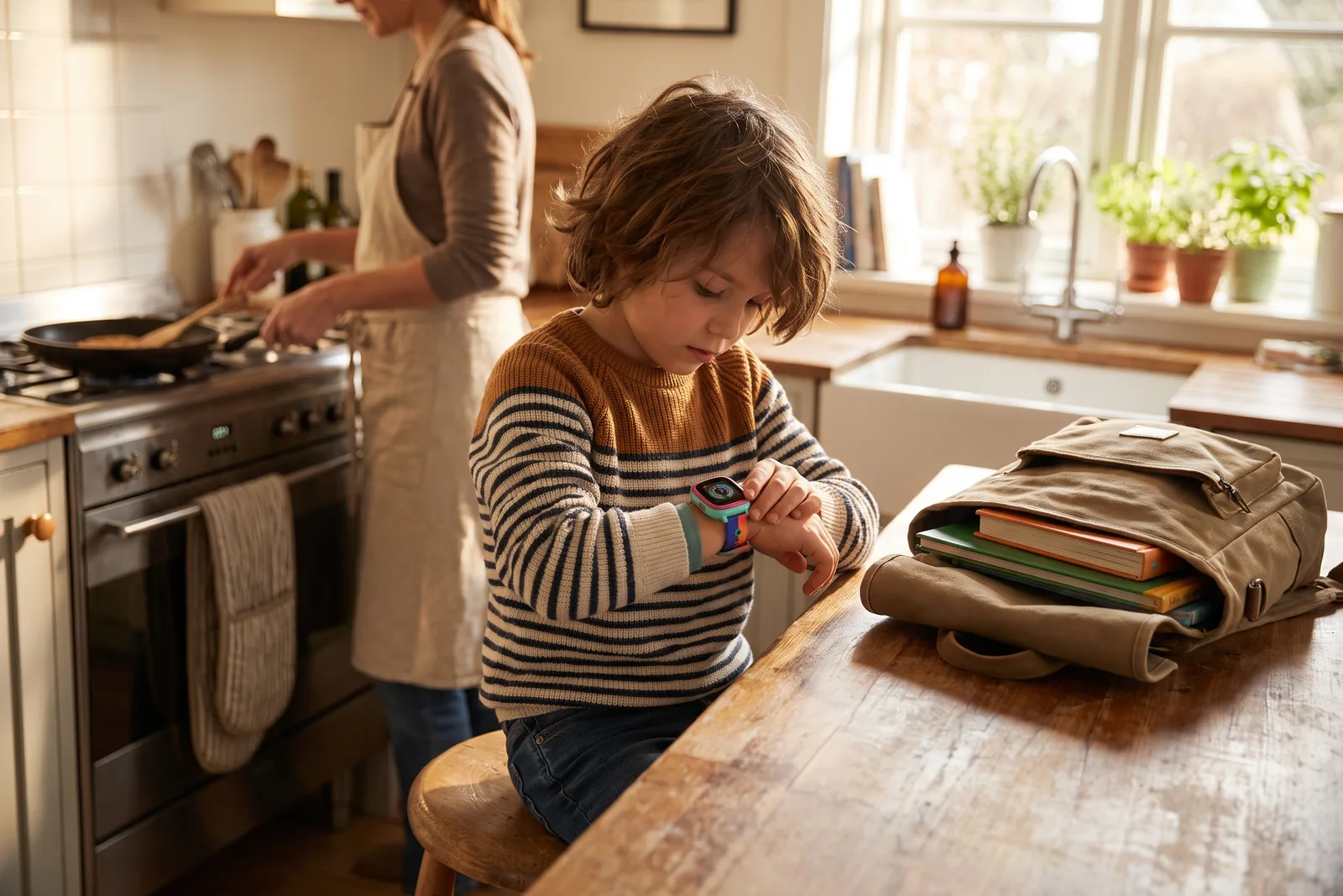 Child fastening a smartwatch at the kitchen counter beside a packed school backpack