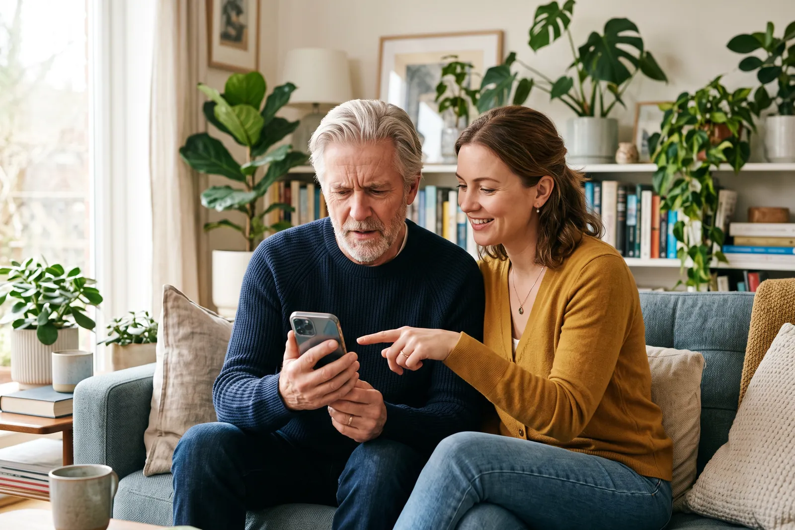 An adult daughter sitting on a sofa beside her father, both looking at a phone screen together and talking