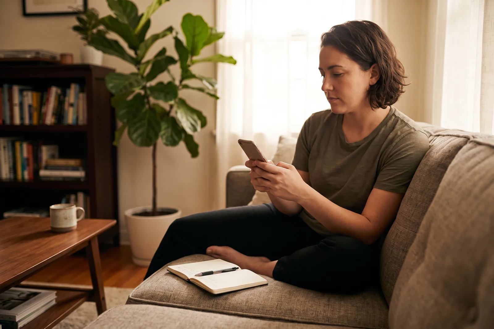 Adult on a sofa reviewing phone settings with a notebook