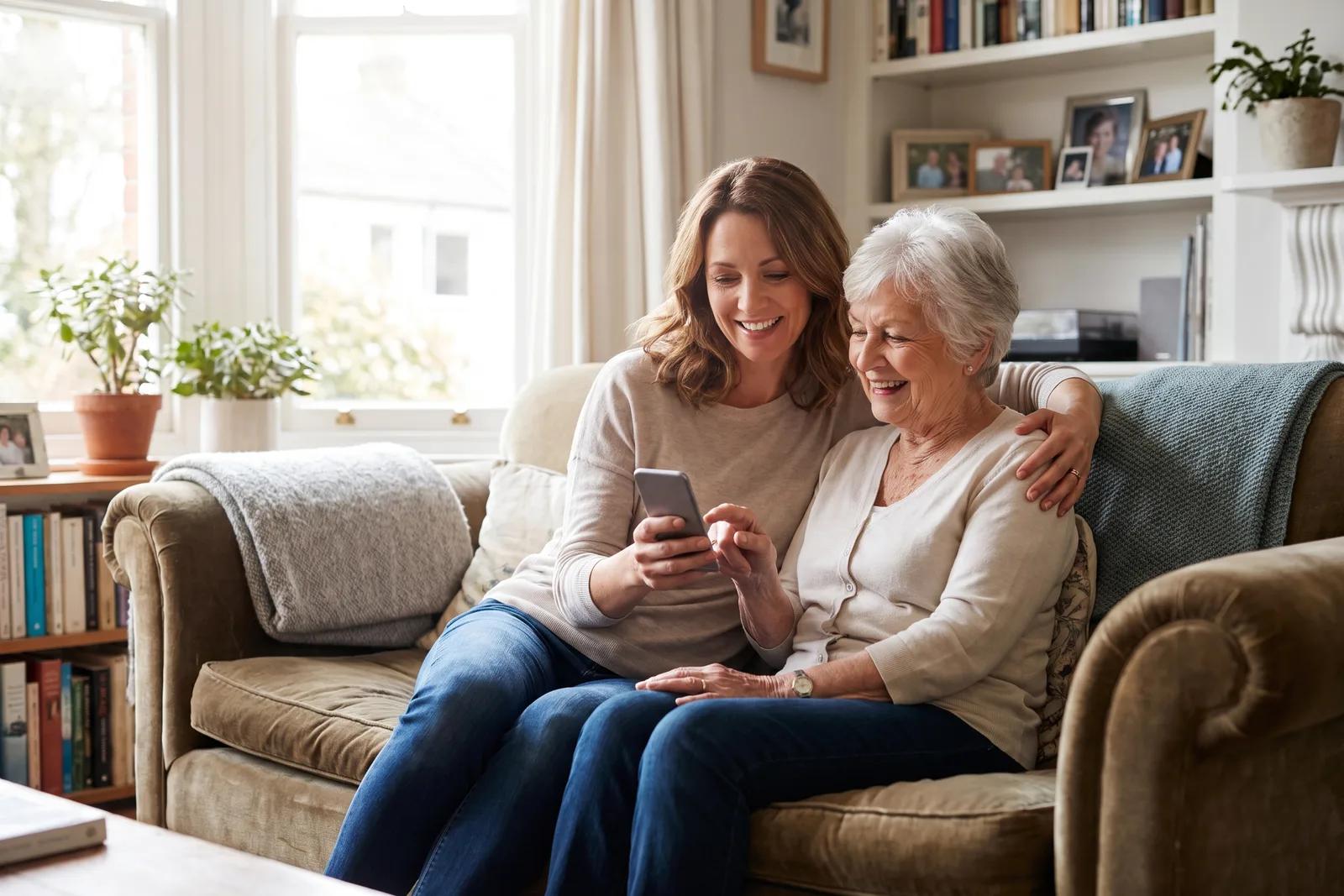 An adult daughter and her father sitting on a sofa looking at a smartphone together