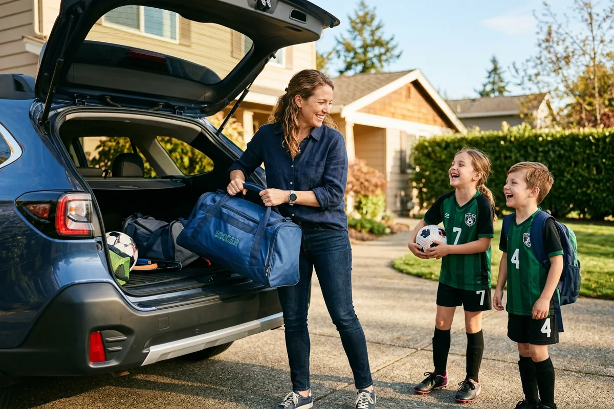 A parent loading sports kit and bags into the boot of a car outside a house