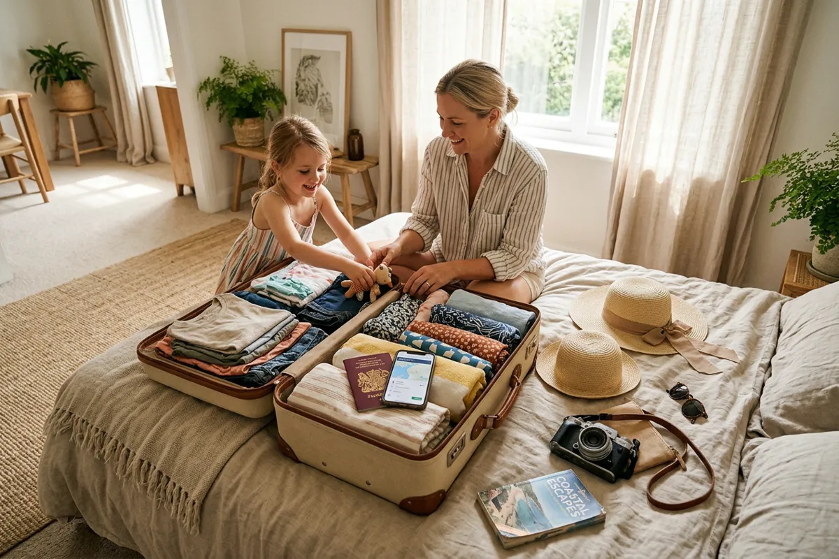 Open suitcase with passports and a phone on top in soft morning light