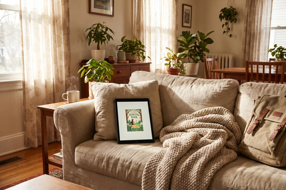 A tablet resting between the cushions of a living room sofa