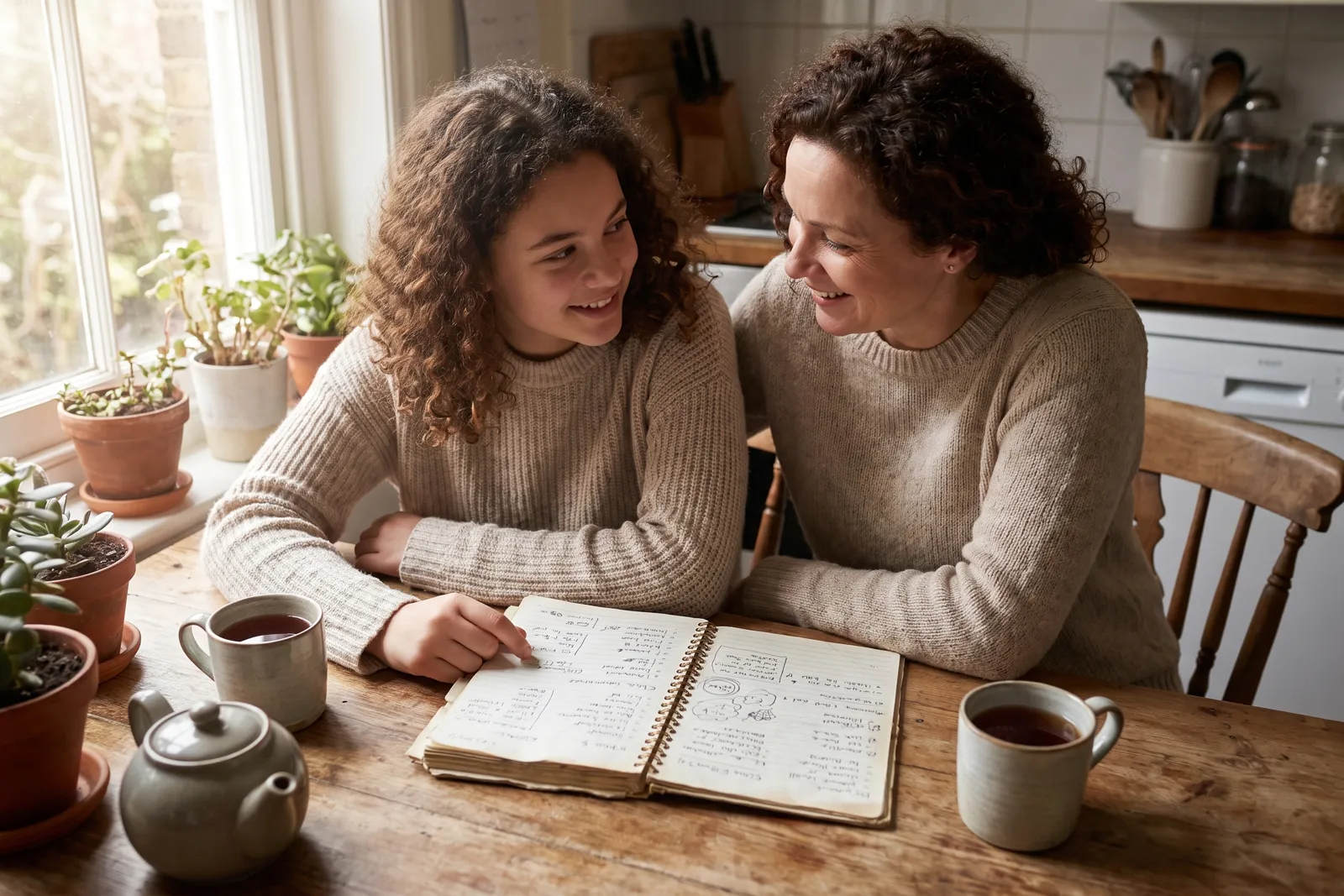 A teenage girl and her mother reviewing a handwritten checklist together at a kitchen table