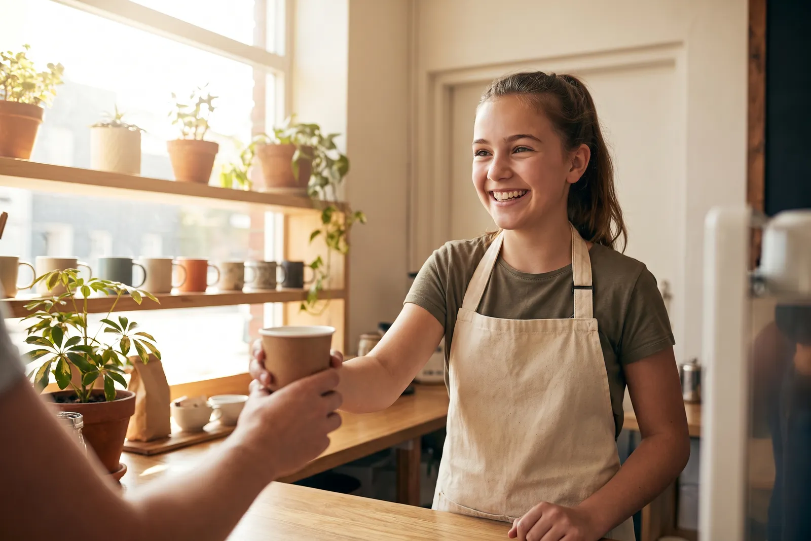 A teenager in a cafe apron tying the strings behind their back before a shift