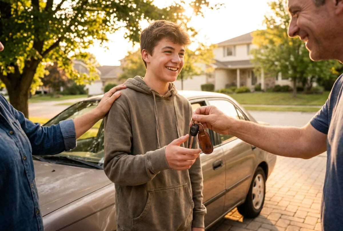 A parent handing car keys to a teenager in the driveway