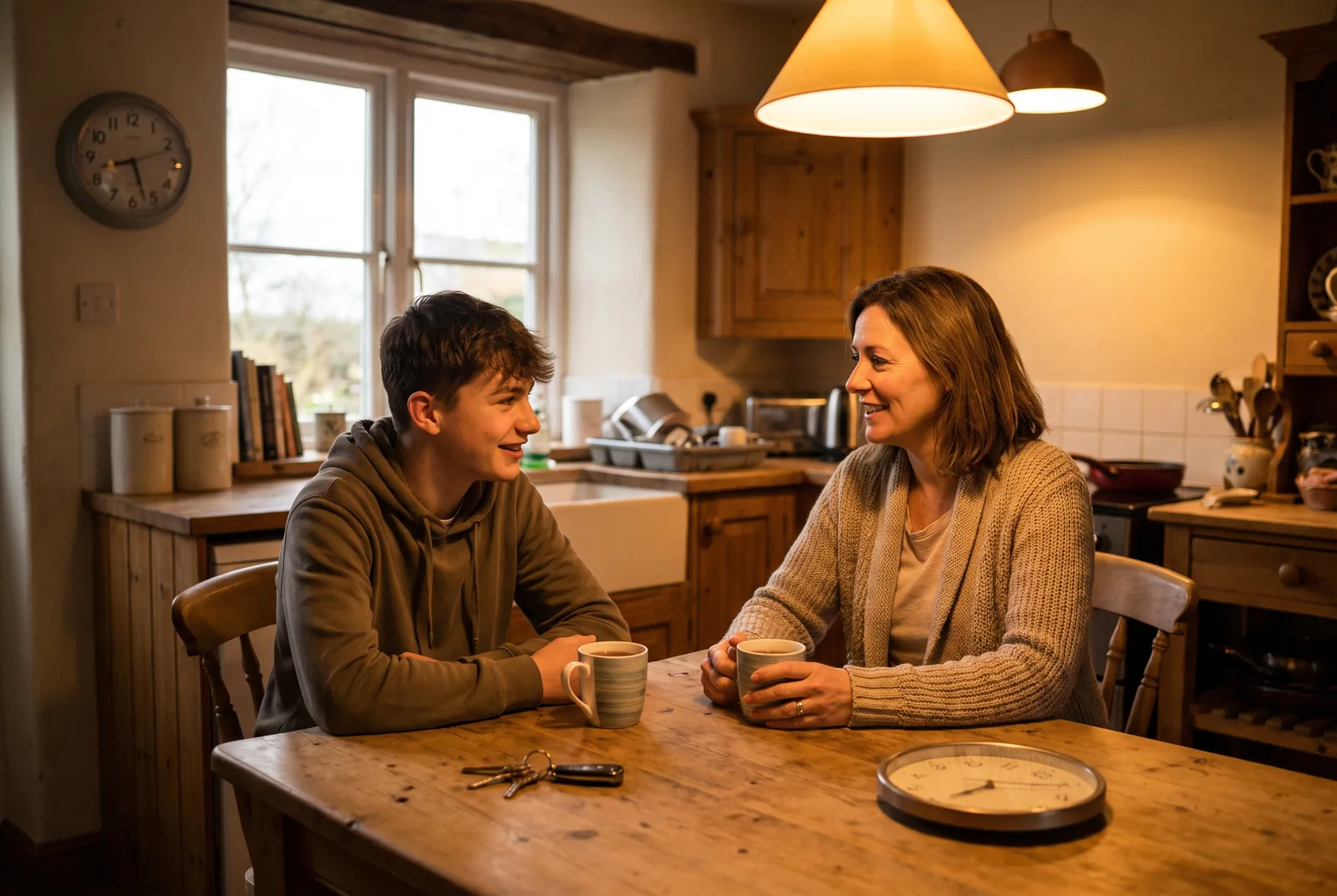 A teenager and a parent talking at a kitchen table in the evening with a phone between them