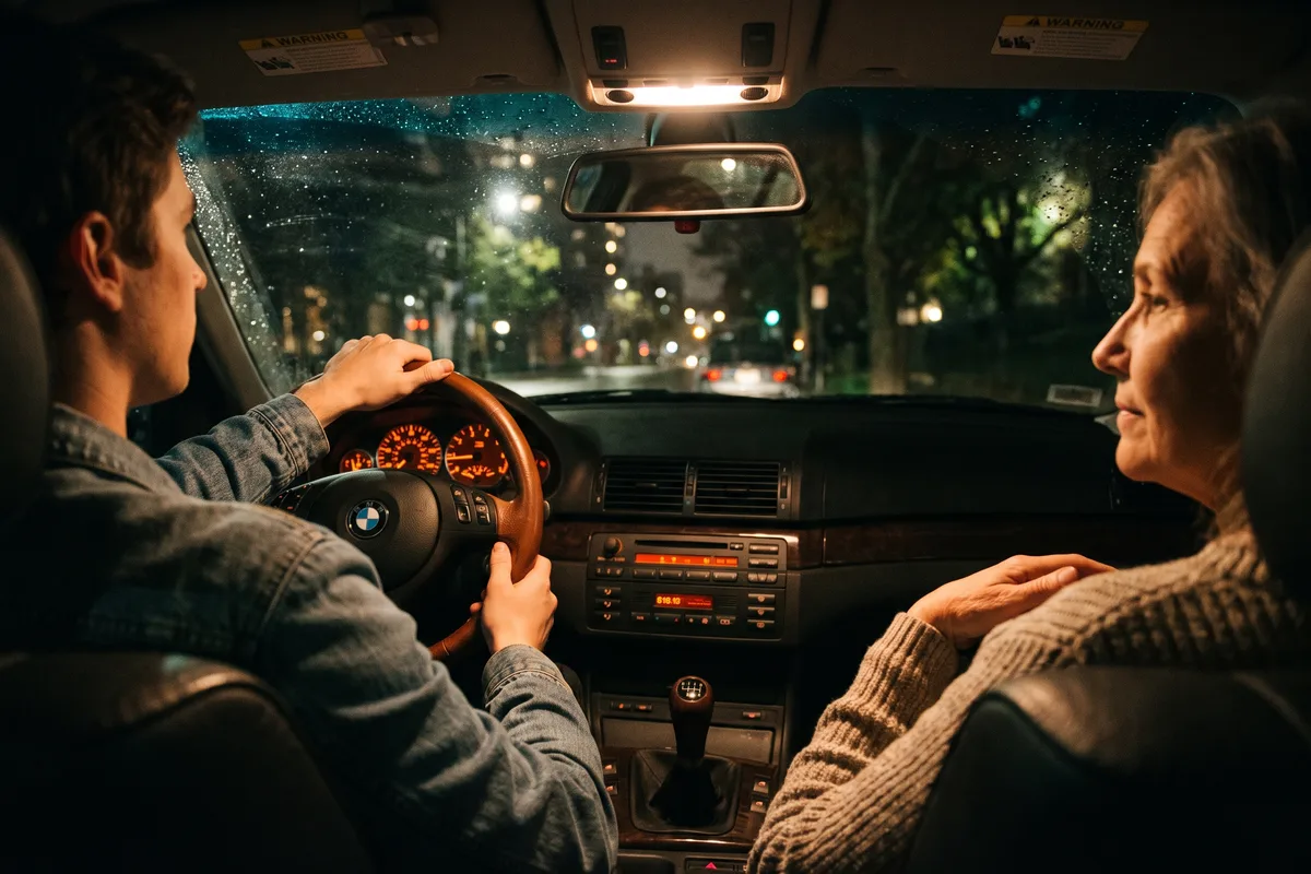 View from the passenger seat of a car at night, dashboard lit and empty road ahead