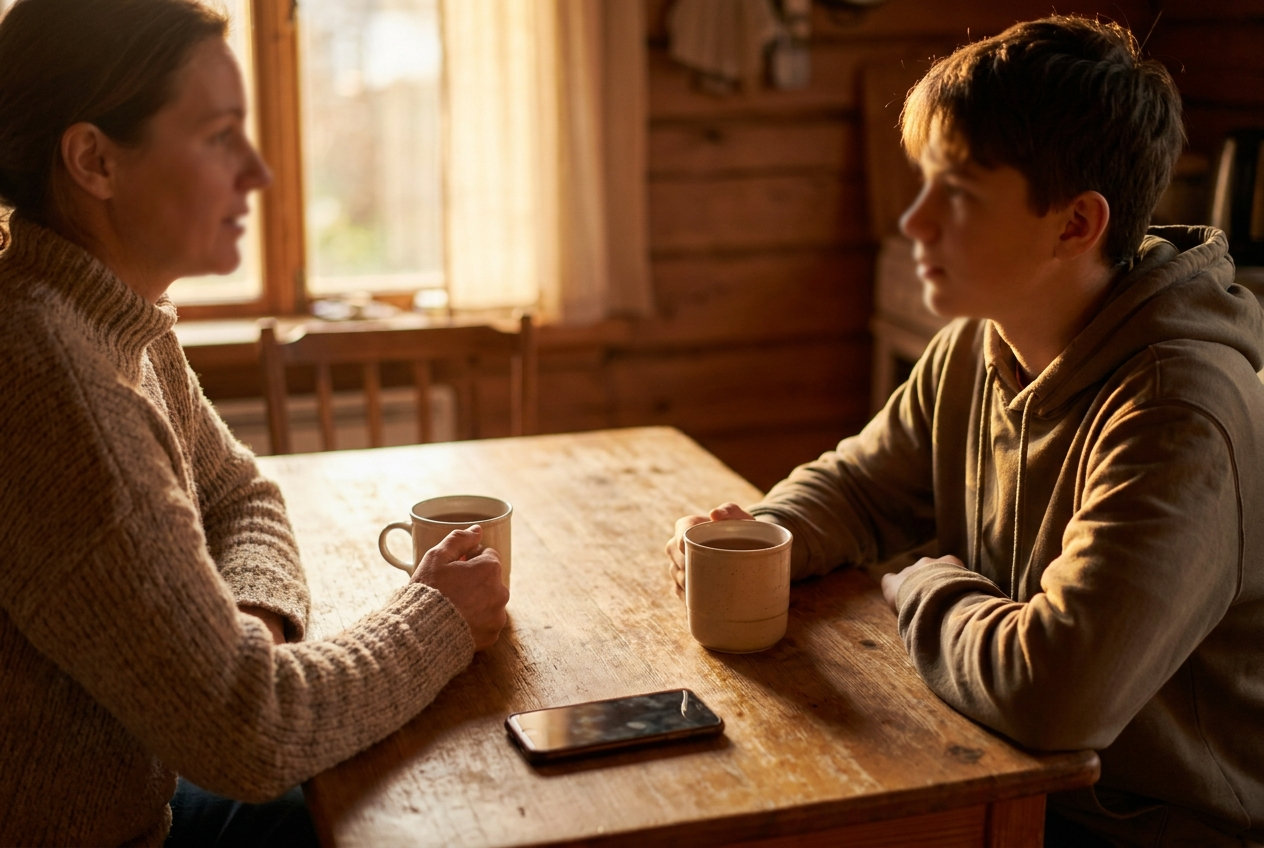 A parent and teenager talking calmly across a kitchen table