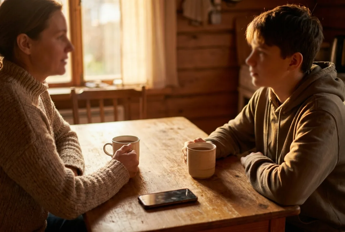 A parent and teenager talking calmly across a kitchen table
