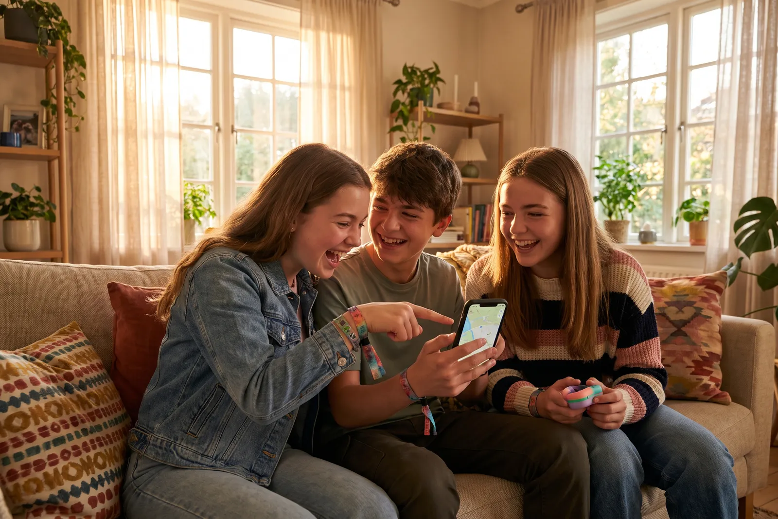 Three teenagers with wristbands standing outside a concert venue at dusk, checking a phone together before going in