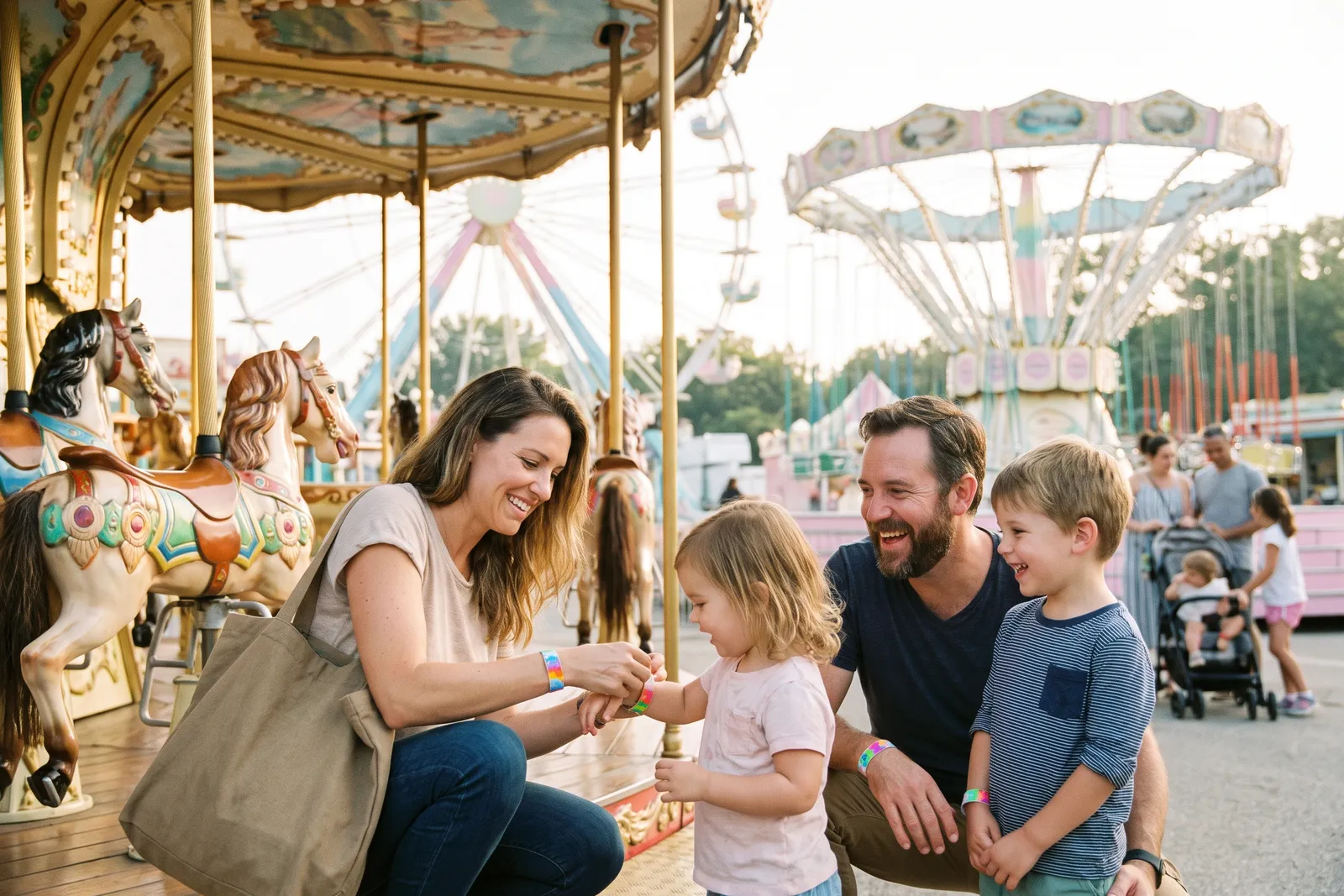 A brightly lit carousel at a theme park with families walking past in the afternoon sun