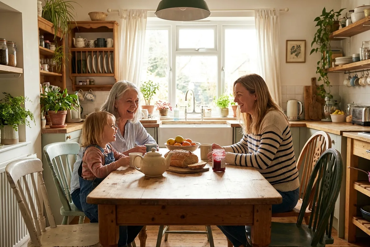 Three generations of a family sharing breakfast at a sunlit kitchen table, grandmother, parents and two children