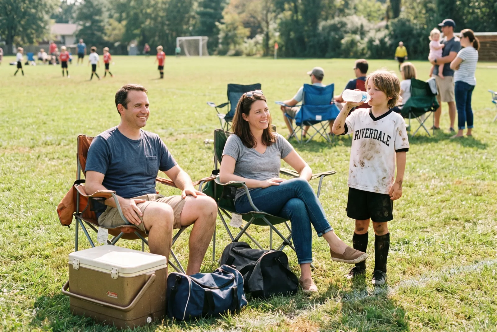 Parents and children with folding chairs and kit bags beside a youth sports pitch on a bright morning