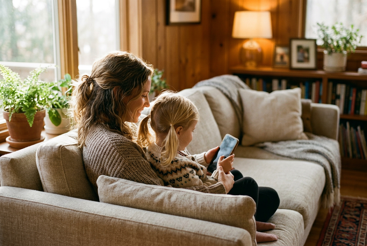A parent and young child sitting together on a sofa, looking at a phone screen and talking about location sharing