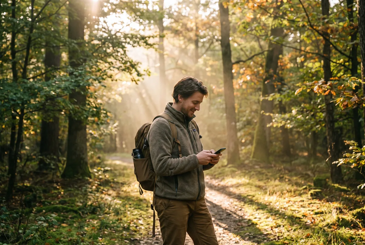 A walker pausing on a trail to check a phone held in one hand
