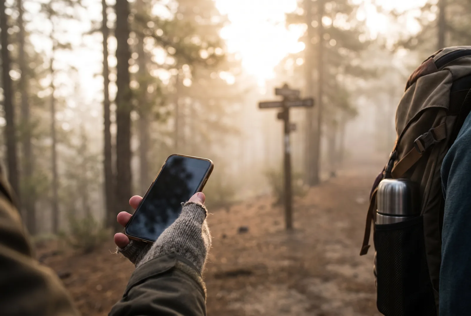A hand holding a phone on a misty forest trail beside a wooden signpost