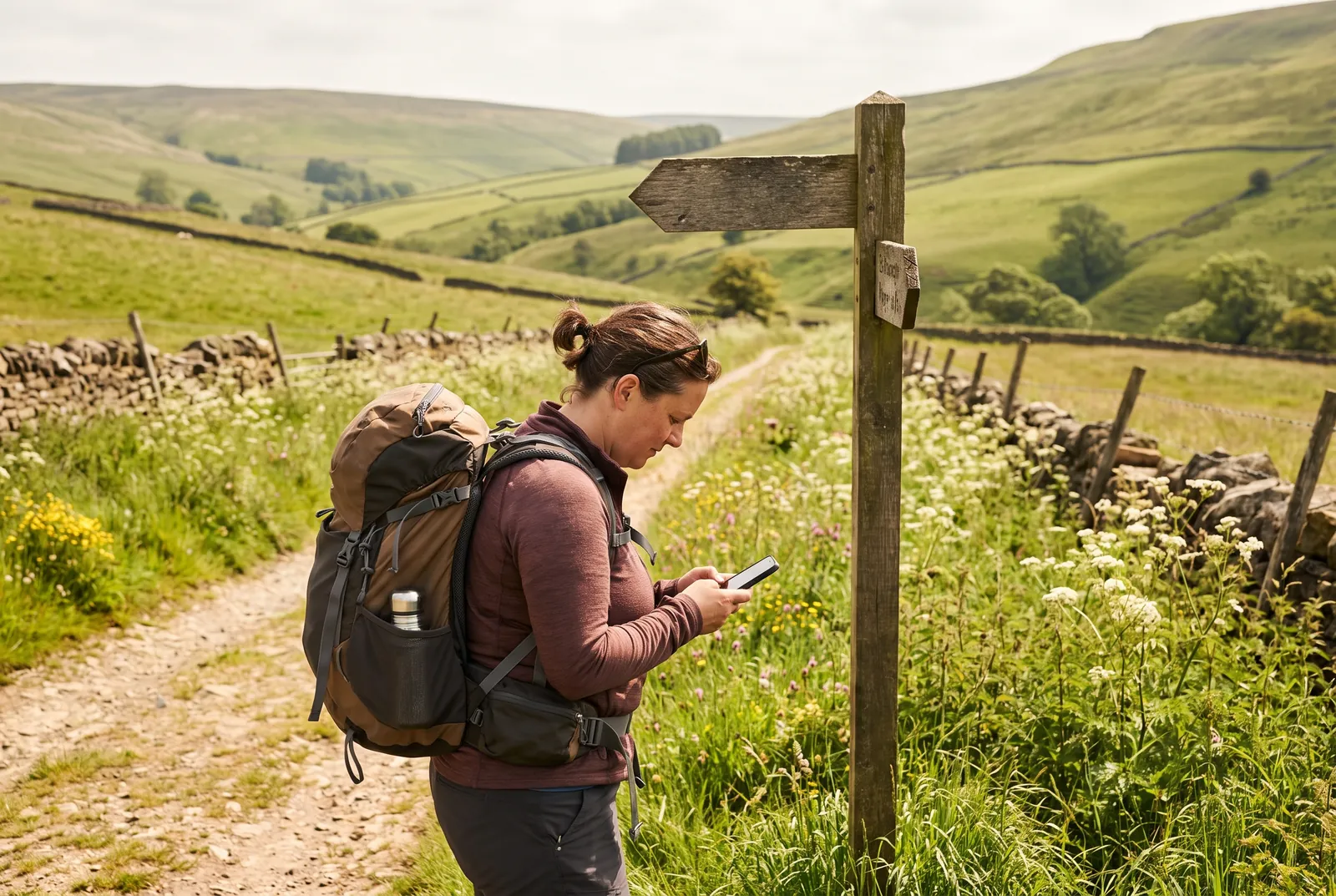 A wooden trail signpost on an open hillside with a hand holding a phone showing a map