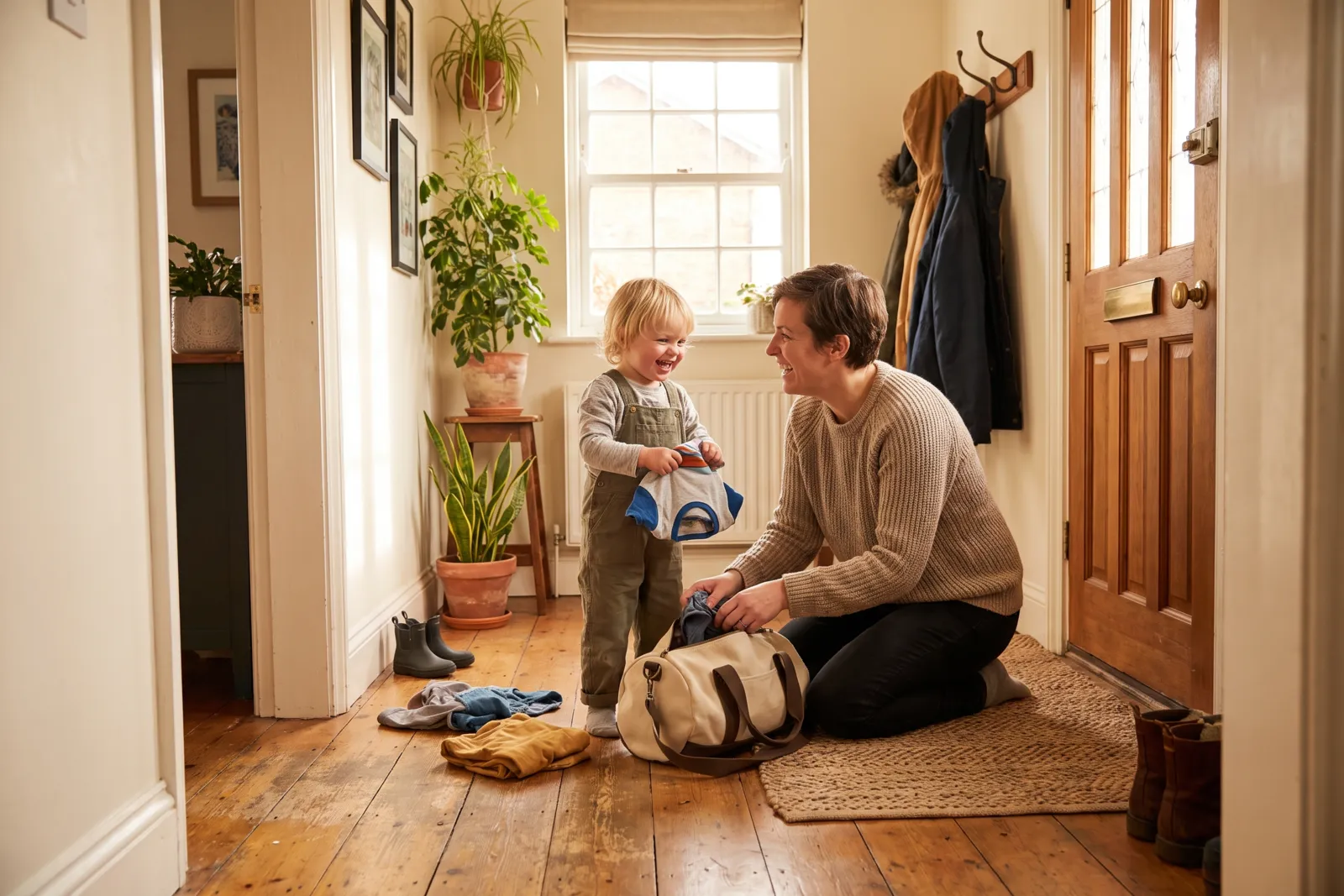 A packed duffel bag by a front door with a child's coat and a phone charger on top