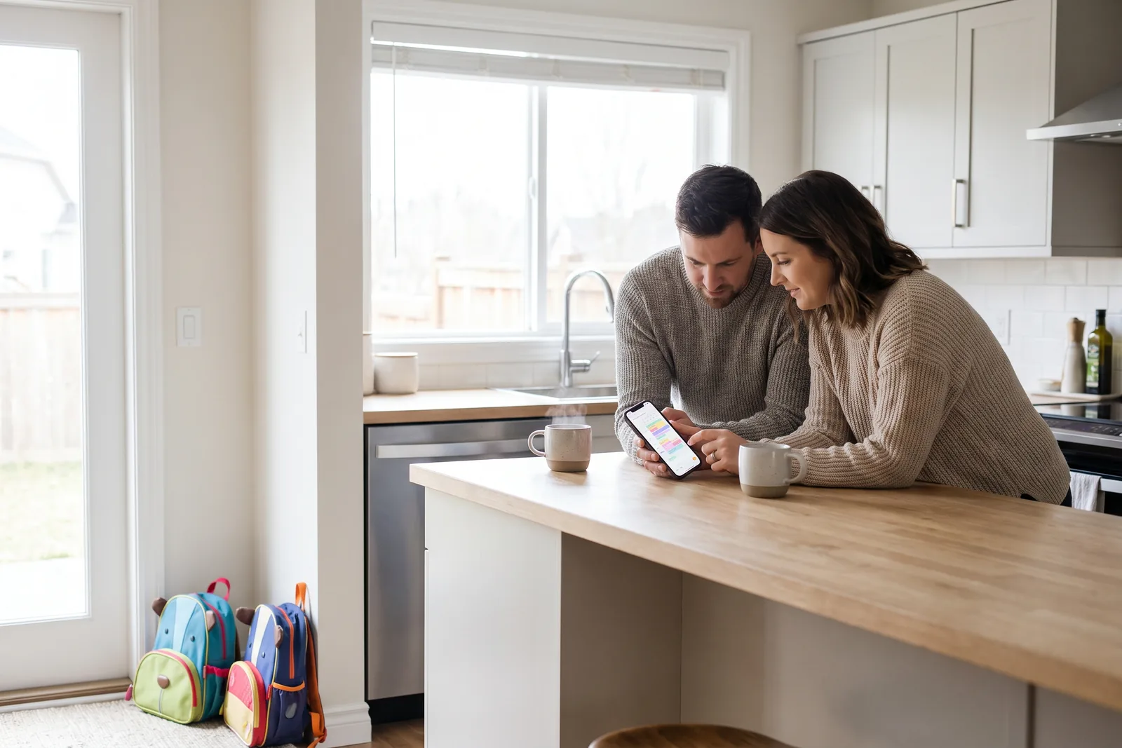 Two parents standing at a kitchen counter checking a wall calendar and a phone before work