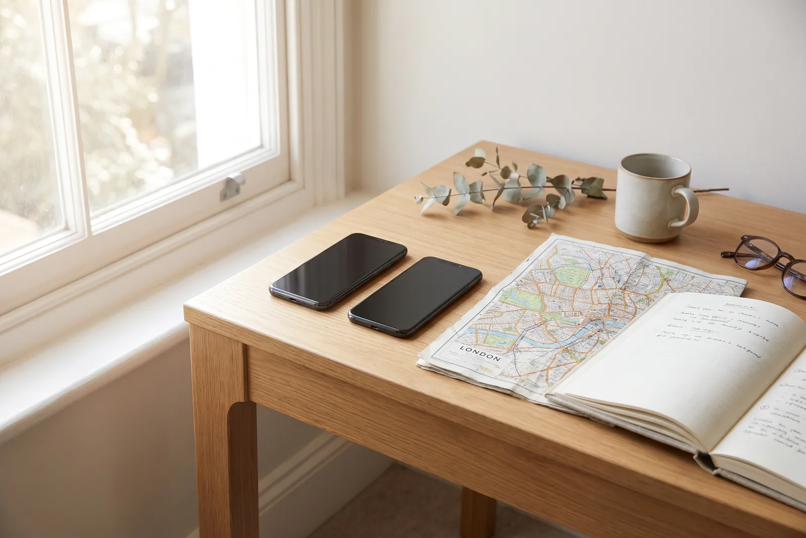 Two phones showing map views resting on a folded paper map on a wooden table