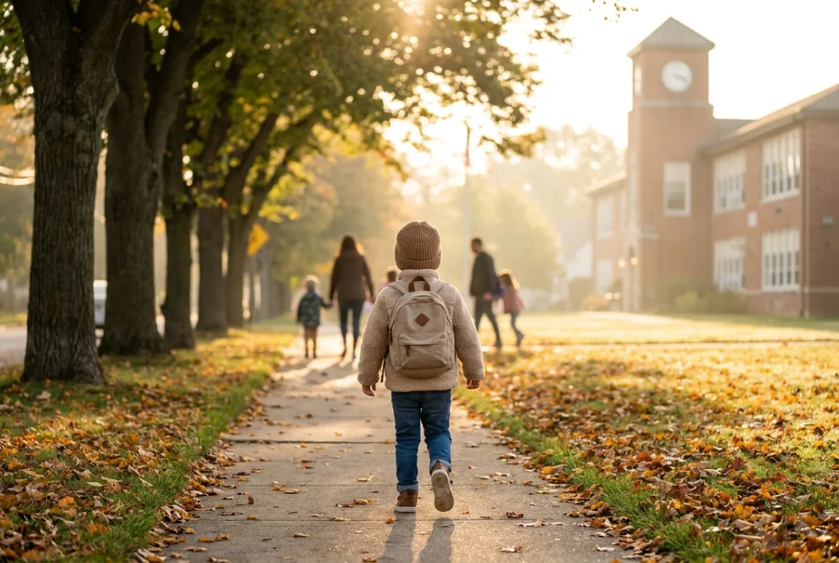 ランドセルを背負った子どもが、静かな住宅街の歩道を学校に向かって歩いている様子