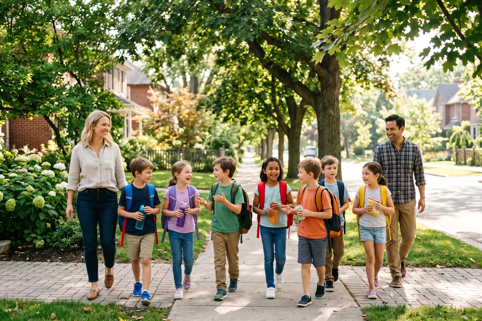 A group of primary school children walking along a residential pavement to school with two adults in high visibility vests