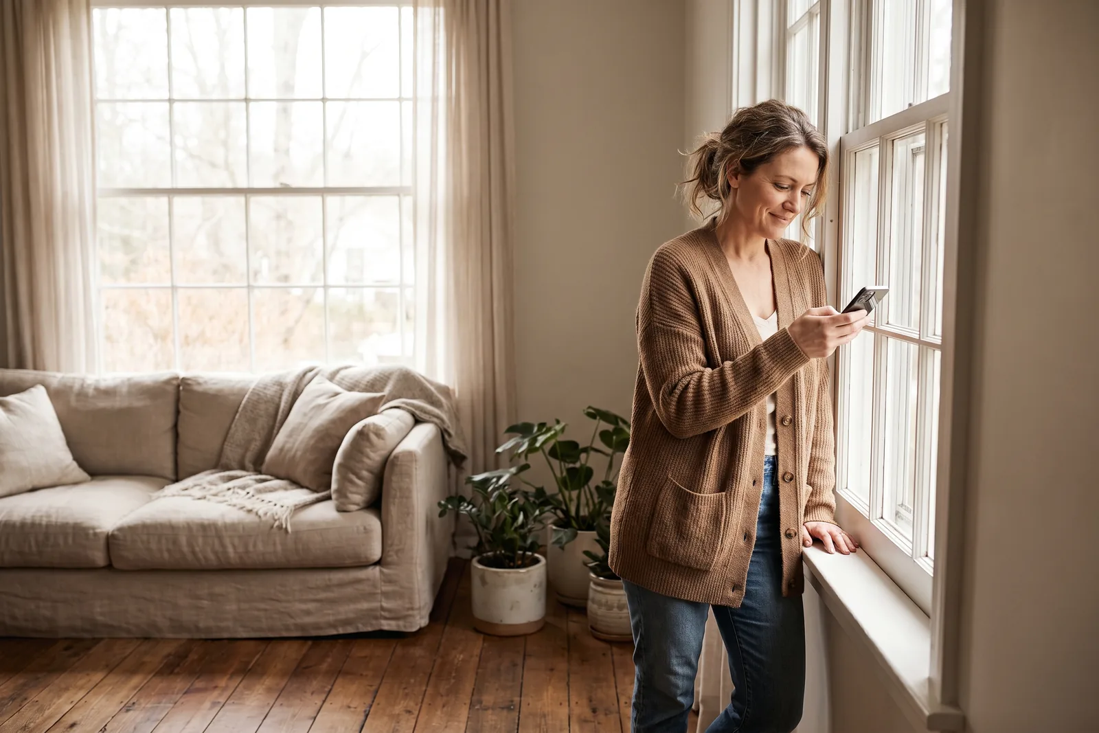 A person standing at a window in the evening holding a phone showing a family map that has not refreshed