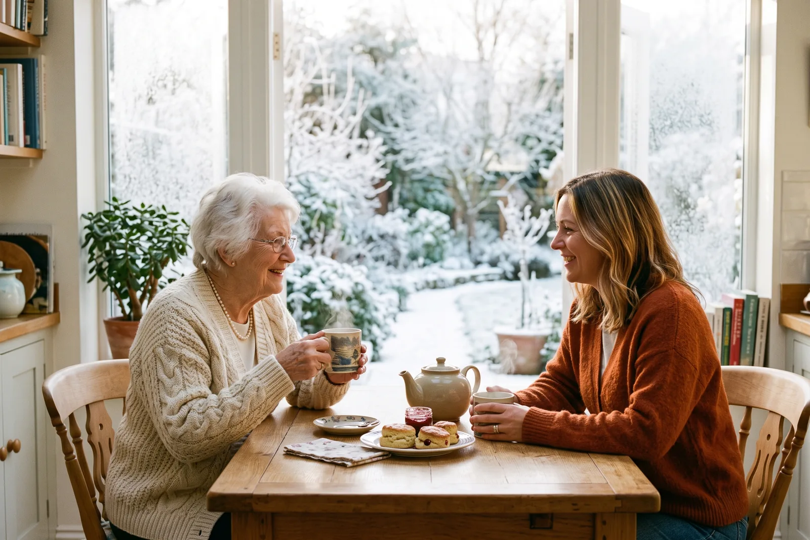 An adult daughter and her elderly mother having tea at a bright kitchen table with a frosty garden outside
