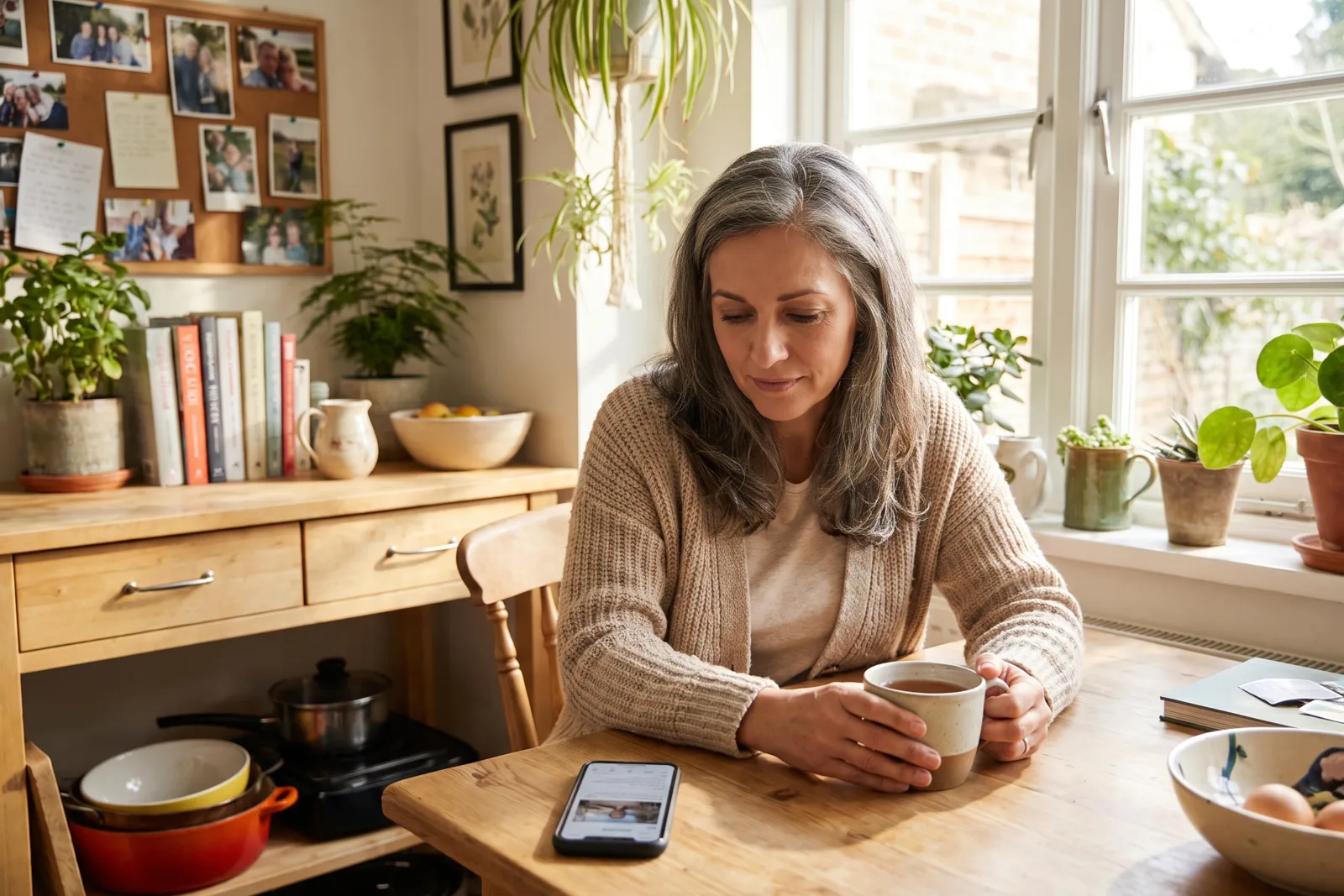 A mug of tea going cold beside a phone on a kitchen table in morning light