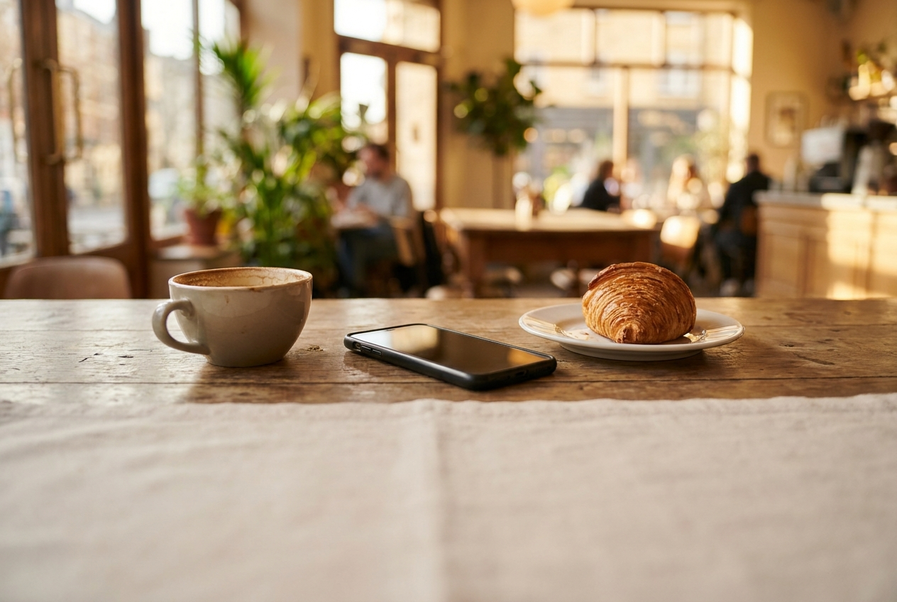 Searching for a misplaced phone left behind on a cafe seat