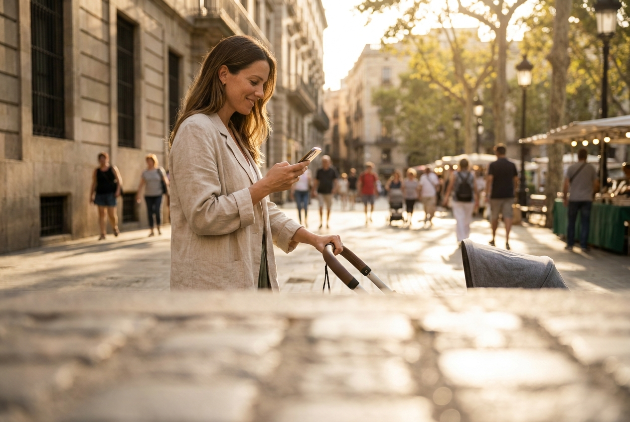 A parent checking the live family map while out in the city